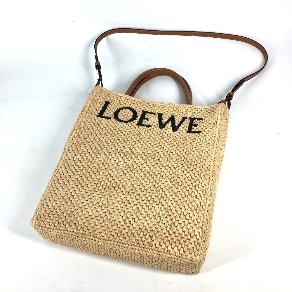 LOEWE Logo Standard Vertical Bag Shoulder Tote Raffia Beige Brown - Picture 14 of 15